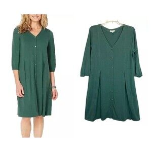 J Jill Green Knit V-Neck Shirt Dress  Women's S  Button Front Knee Length  NWOT
